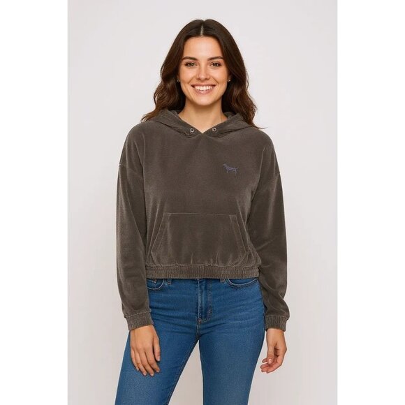 Victorias Secret Pink Velvet Hoodie Sweatshirt Gray Pullover With Kangaroo Pocke - Picture 1 of 10